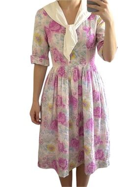 Vintage Laura Ashley Floral Sailor Collar Dress UK Made Cottagecore Pink Midi